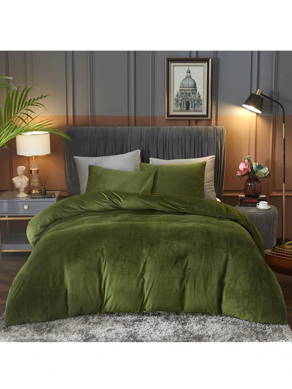 Plush Velvet Olive Green Velvet Duvet Cover Comforter Set - Luxury Home Bedding